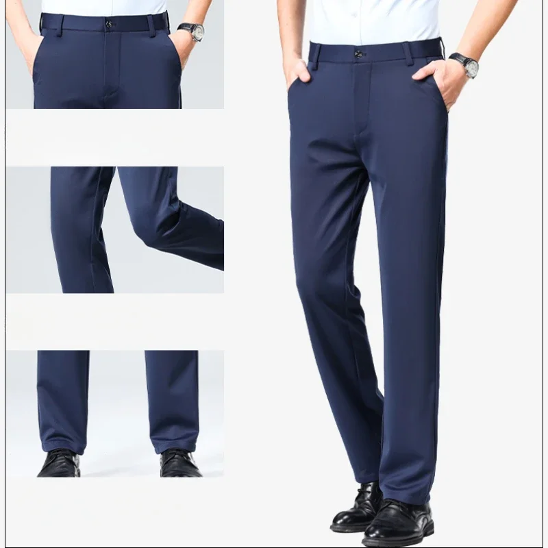 

Plus Size High Elastic Small Suit Pants, Men's Casual Trousers, All-Matching Straight Business Loose Suit Pants，Size 29-42