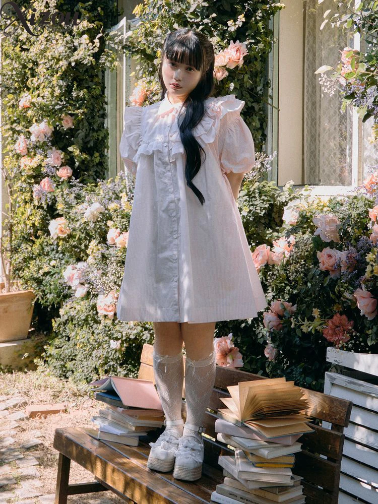 일본식 가슴 프릴 신선한 줄무늬 버드 짧은 소매 드레스 여성용 여름 허리 치핑 캐주얼 셔츠 드레스 Sweet