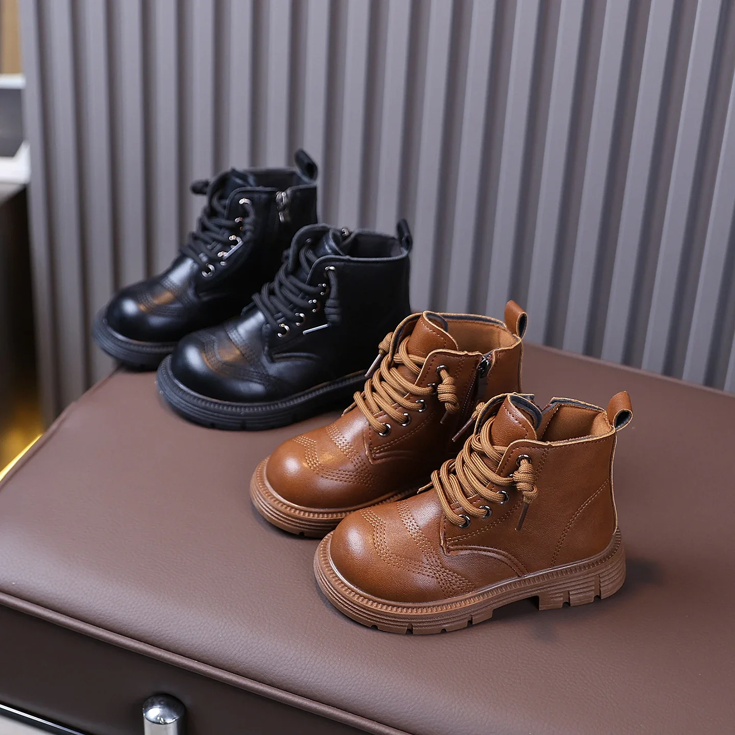 Toddler Kids Brogue Boots, Boys Girls Vintage Wingtip Ankle Side Zipper Non-Slip Thick Sole Autumn Winter Fashion Short Boots