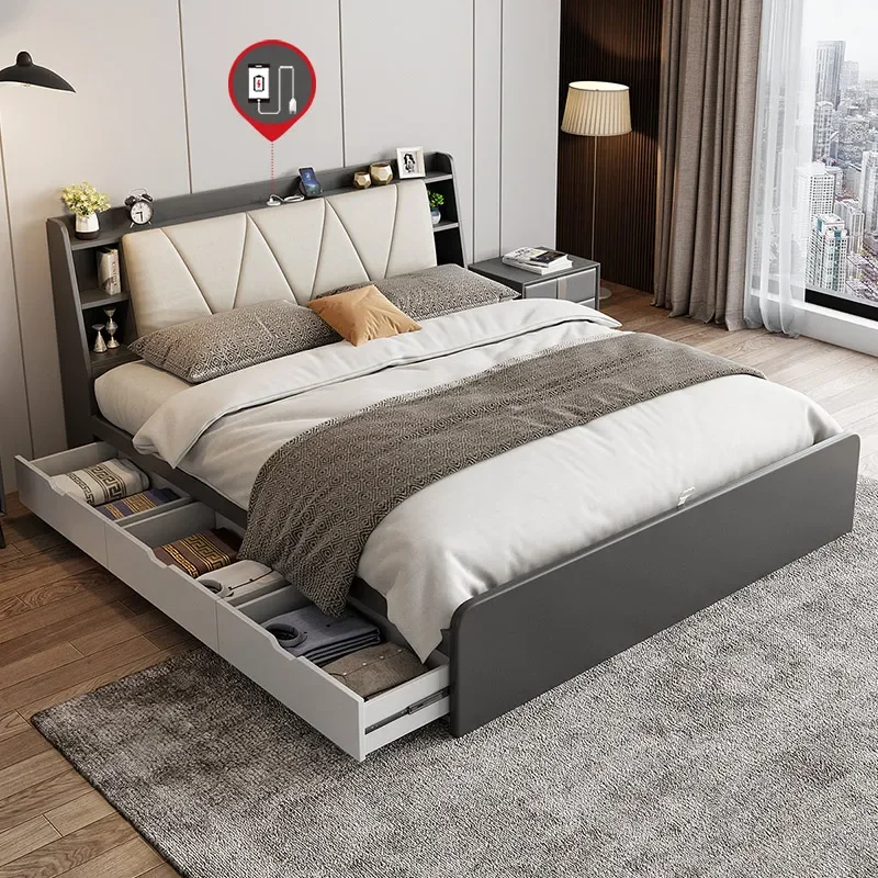 Double bed, master bedroom, high box storage bed, USB rechargeable soft bed, bedroom marital bed