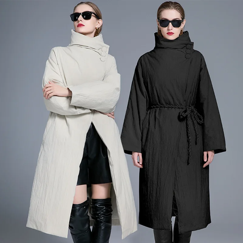 Luxury Brand White Duck Down Puffer Jacket Stand Collar Long Down Jacket Winter Warm Thick Coat Windproof Jacket Buttons Belt