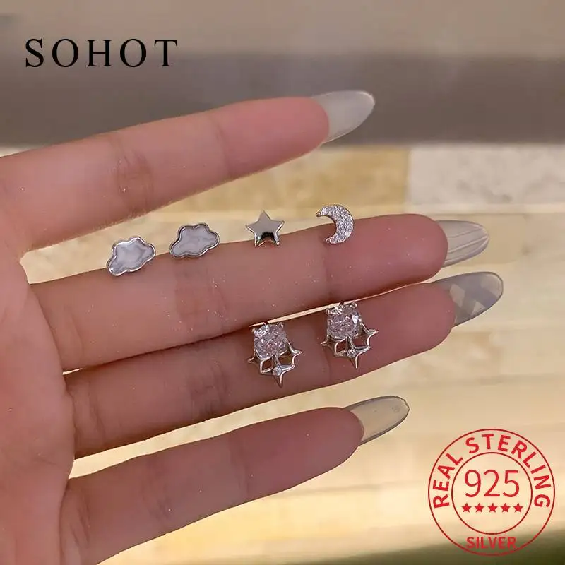 

Real 925 Sterling Silver Trendy Cloud Moon Star Mini Stud Earrings for Charm Women Cute Personality Fine Jewelry Accessories