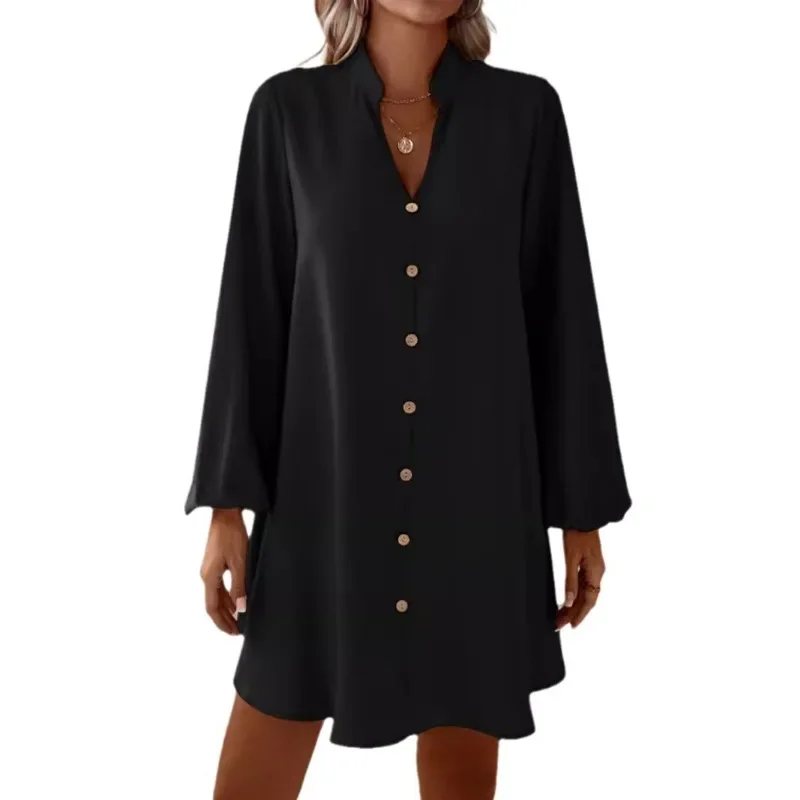 Long Sleeved V Neck Single Breasted Women Party Female Fashion High Waist A Line Office Lady Casual Vestidos Green Chic Dress image 6