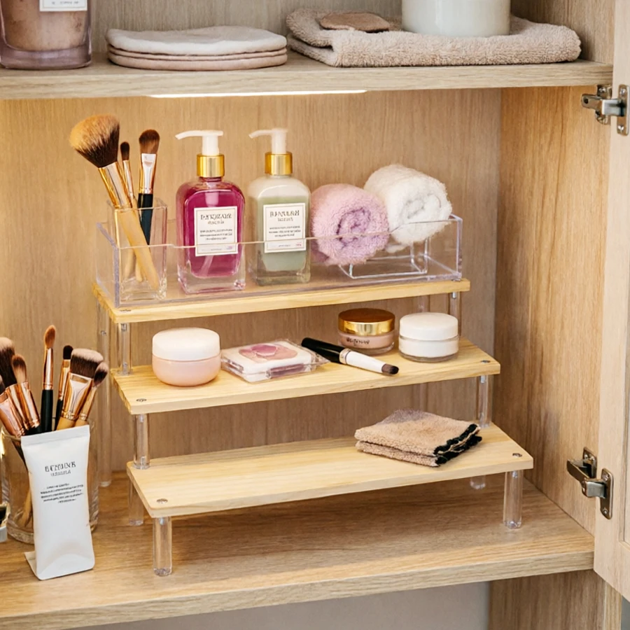 1-4 Tiers Wooden Countertop Display Stand with Acrylic Legs Step Shelf for Makeup Collectibles Perfume Space-saving Storage Rack
