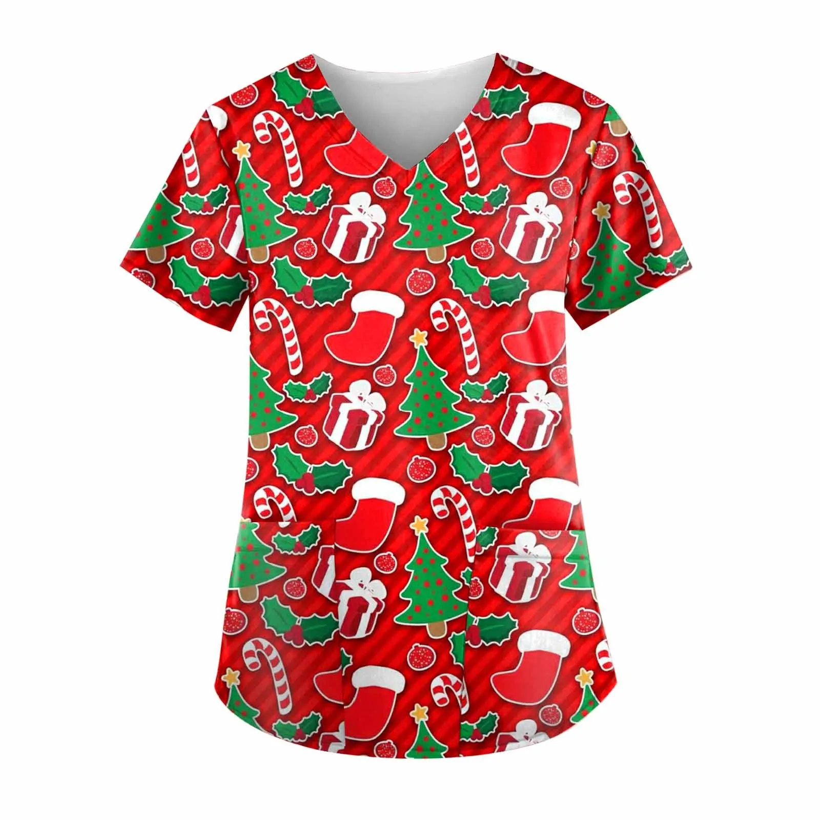 Ladies Care Nurse Uniform T-Shirt Casual Christmas Print Short Sleeve Pocket Loose Caring Workwear Hospital Nursed Blouse Spa