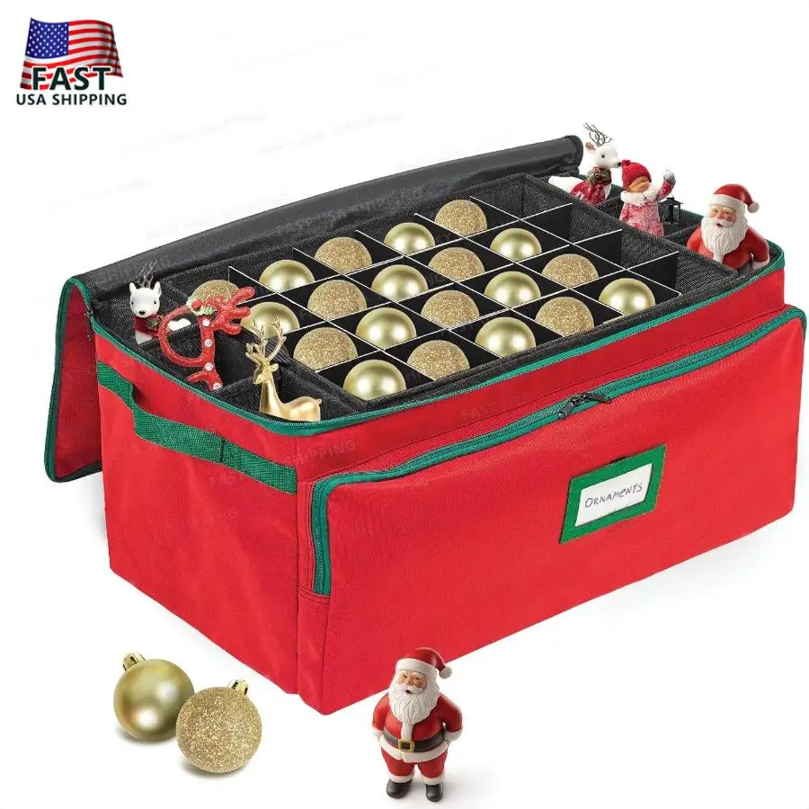 Premium Christmas Ornament Storage Box - Hold Up to 72-3 Inch Ornaments + 8 Side Slots for Figurines Nutcrackers etc. Holiday D