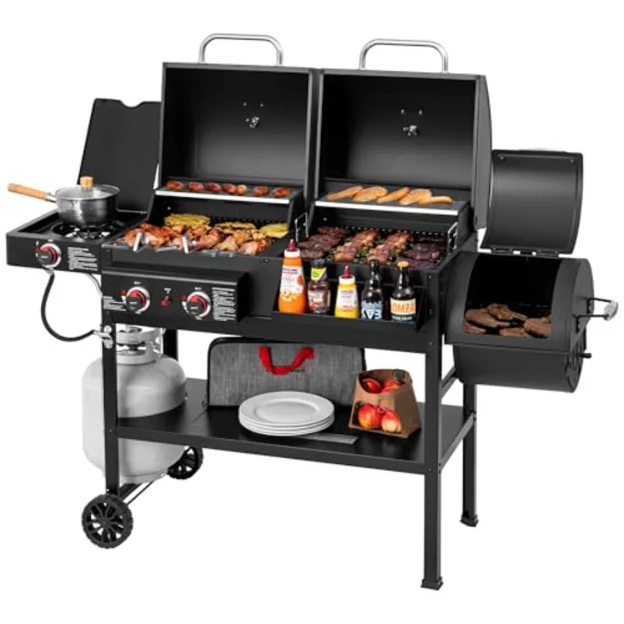 

2-Burner Gas and Charcoal Grill Combo with Offset Smoker Side Burner 34 000 BTU Dual Fuel Grill 1020 Sq. In. Cooking Area Black
