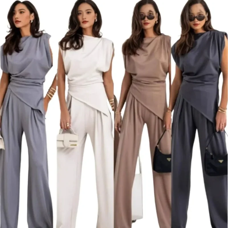 Women's OL Sets Two 2 Pcs Sale Casual O-Neck Sleeveless Irregular Shirt Tops& Pocket Wide Leg Loose Pant Suits OUCFS-W3038