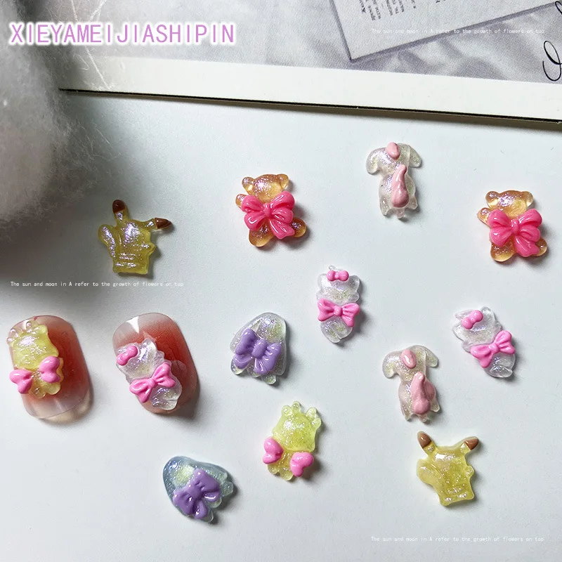 20pcs Cartoon Cute Bow Animal Nail Charms Accessories Colorful Transparent Flatback Resin 3D Nail Parts For DlY Nail Rhinestones