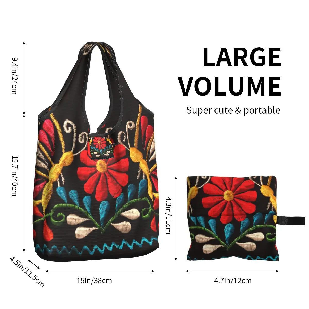 Kawaii Print Mexican Butterflies And Flower Pattern Shopping Tote Bag Portable Shopper Shoulder Otomi Embroidery Art Handbag