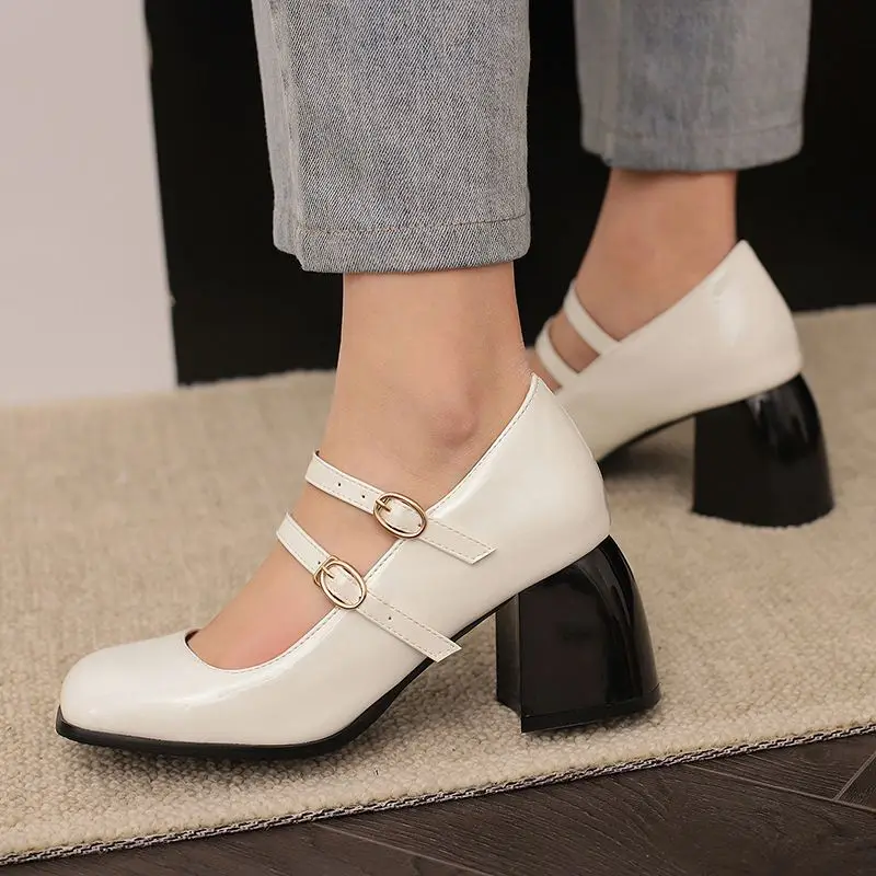 ASILETO Mary Female Pumps Square Toe Chunky Heels 7cm Double Buckle Straps Plus Size 50 Patent Leather Sweet Women Shoes