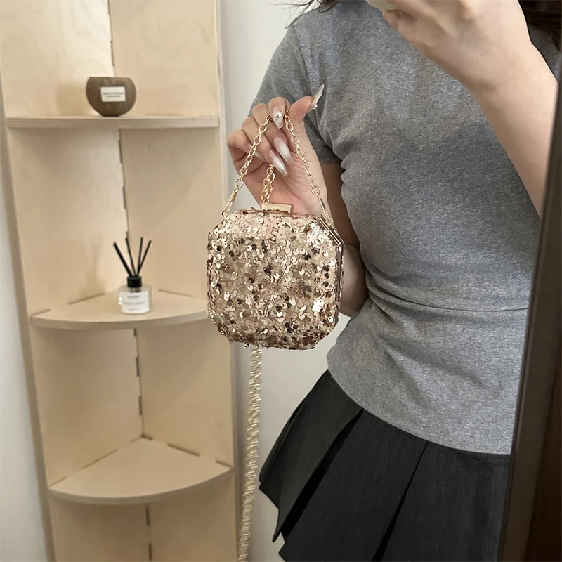 Fashion Party Frame Chains Shoulder Bags Sparkling Sequins Compact Portable High Quality Crossbody Bags for Women 2024 Hot Sale