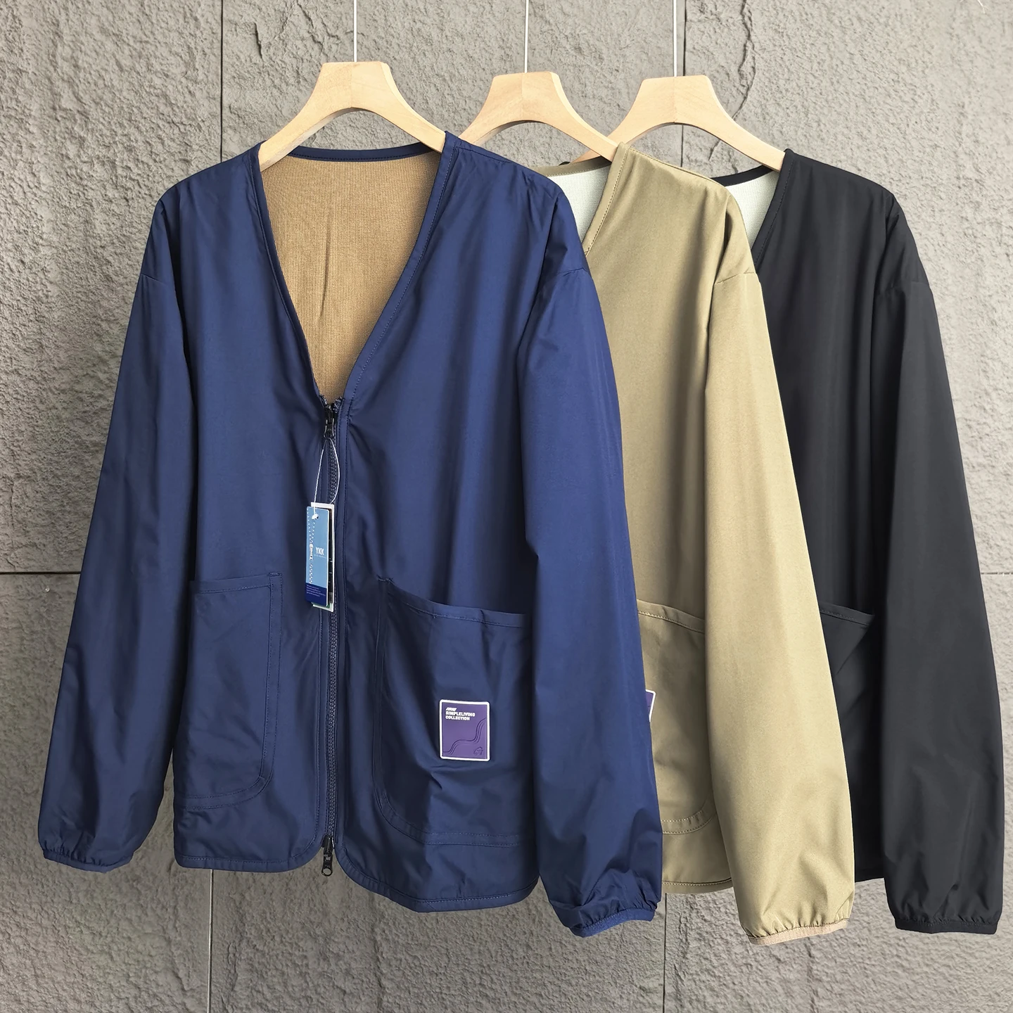 

Double-Sided Wearable Casual V-Ne Jaet Men's Outdoor Leisure Coat Windproof Long Sve Zipper Closure No-Collar Jaet