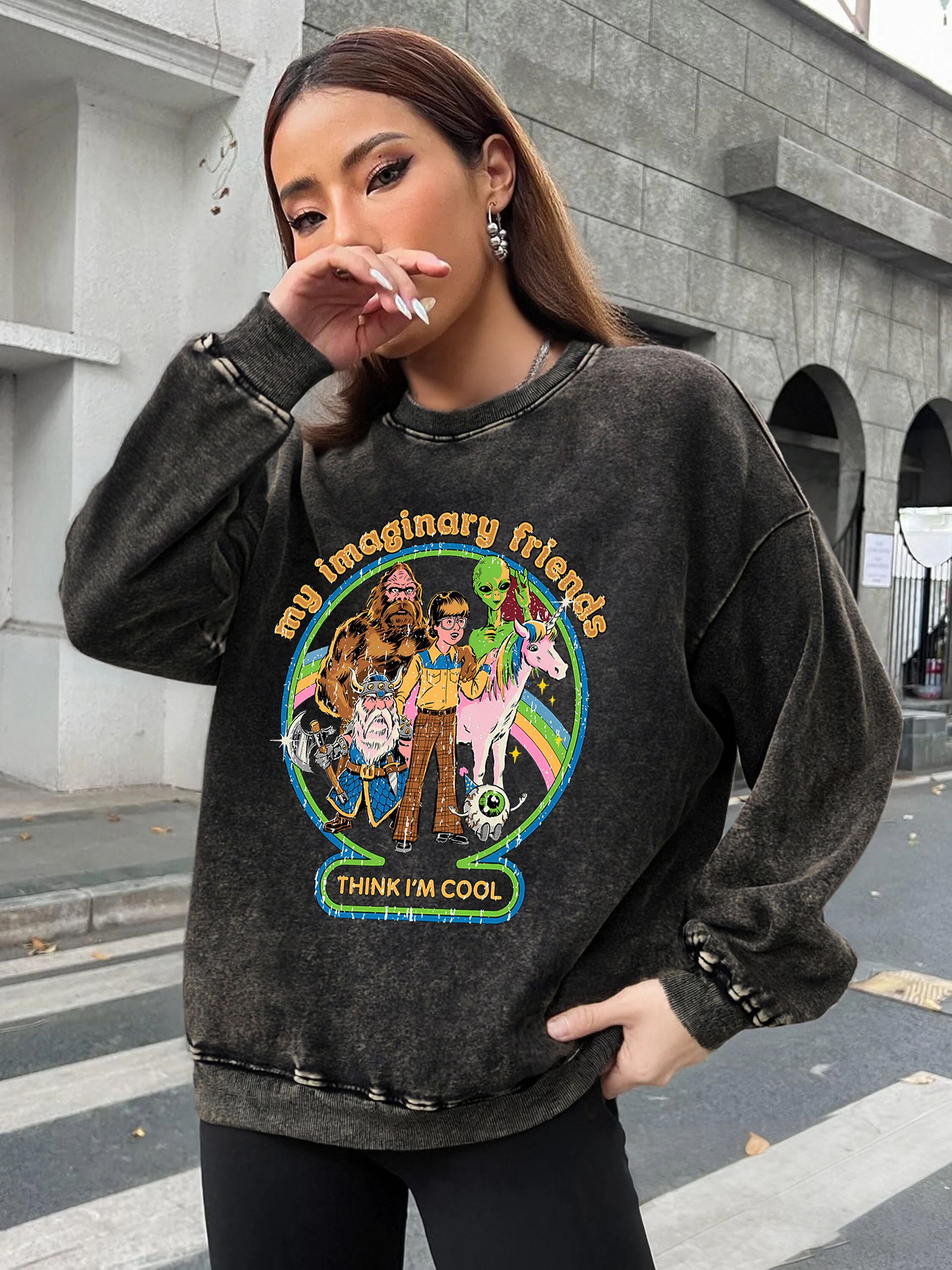 

Мои воображаемые друзья думают, я крутой пуловер с принтами, женский модный хлопковый свитшот, уличная одежда в стиле ретро, зимняя уличная одежда