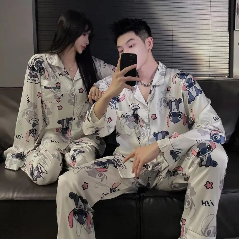 Kawaii Stitch Couple Pajamas Woman Men Spring Autumn Cute Long Sleeved Kuromi Pyjamas Sets Loose Home Wear Trousers Suit Gift