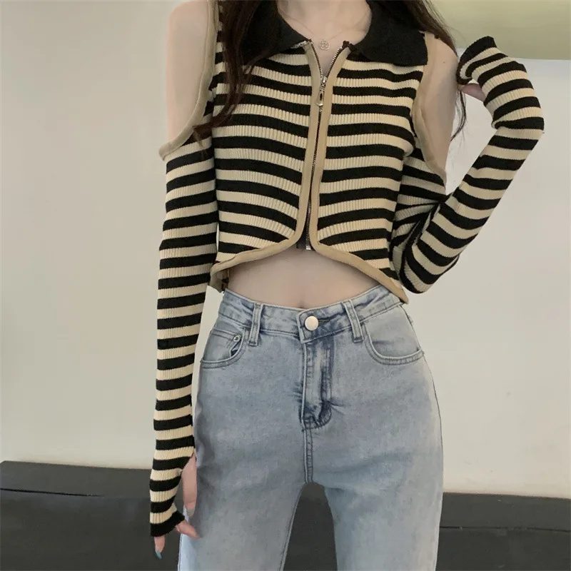 Striped Polo Neck Long-sleeved Knitted Sweater Women's Early Autumn Slim-fit Short Retro Top