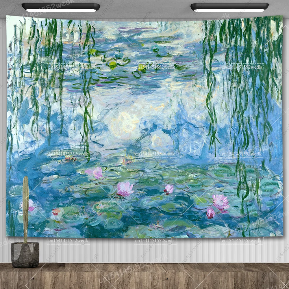 Pintura al óleo de lirio de agua de Claude Monet, tapiz colgante de pared, decoración de habitación estética, obra de arte, tapiz de paisaje,