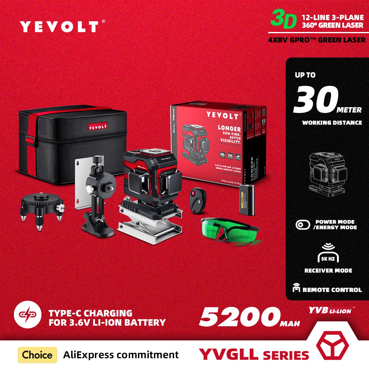 

Лазерный уровень YEVOLT YVGLL4XS12TB2PRO, 12 линий, 360 °