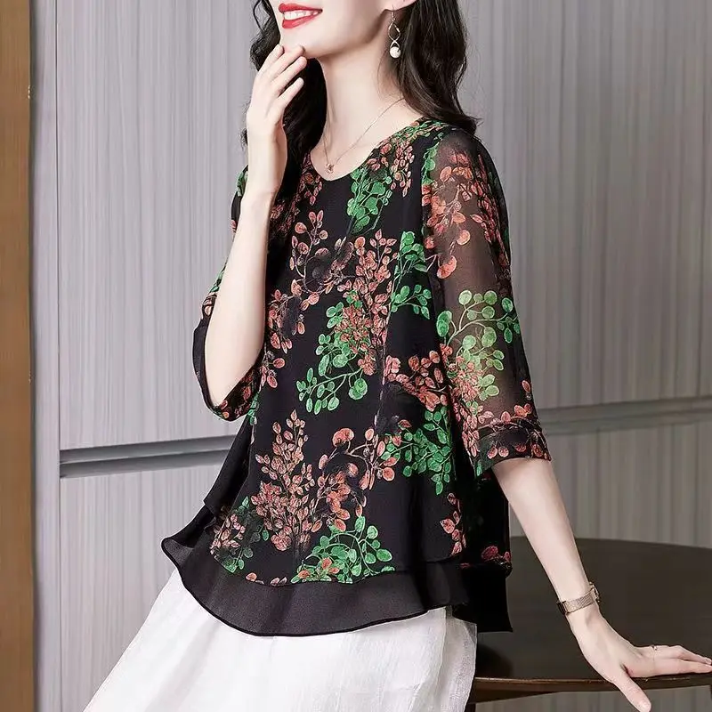 Fashion Vintage Printing Thin Chiffon T-shirt Women\'s Clothing Summer New Elegant All-match 3/4 Sleeve Round Neck Pullovers Tops