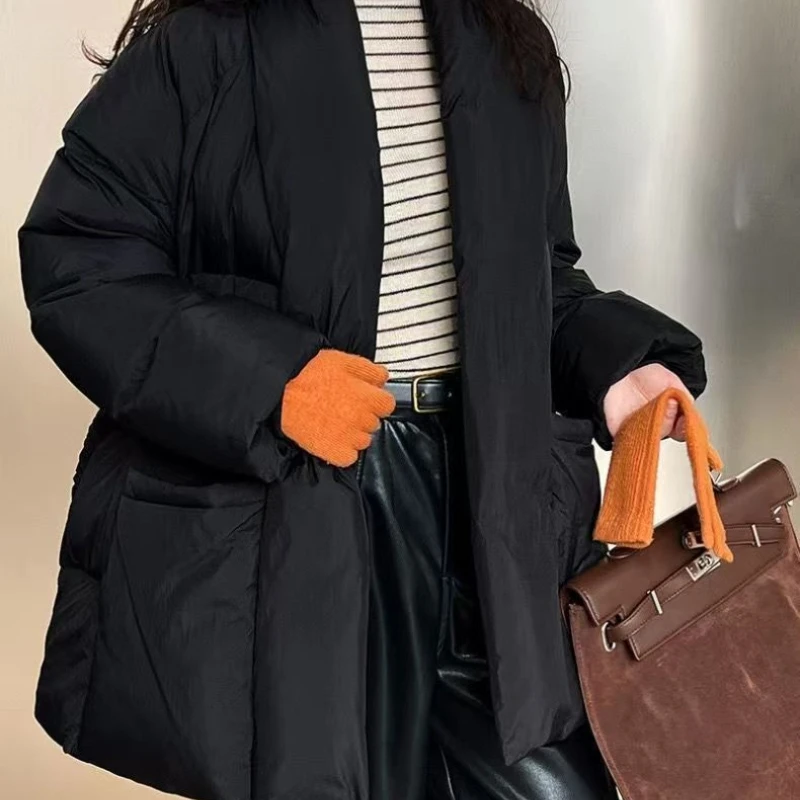 

New Fashion Temperament Cotton Coat Women Winter Warm Solid Color V-neck Gathered Waist Jacket Coats Parkas with Belt