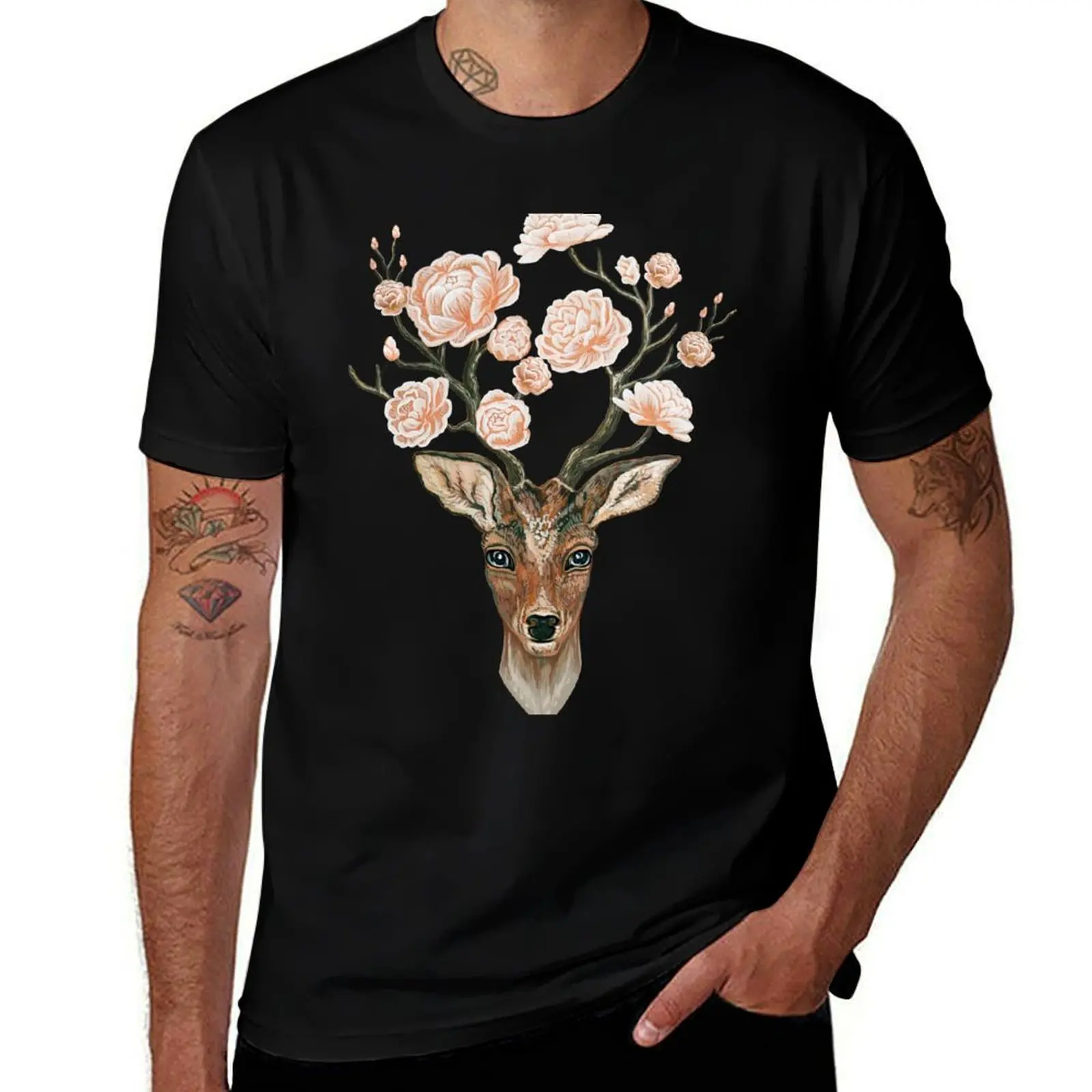 

Deer and Peonies T-Shirt t shirt man casual cotton t shirts high quality cotton t shirts man 100% T-Shirt