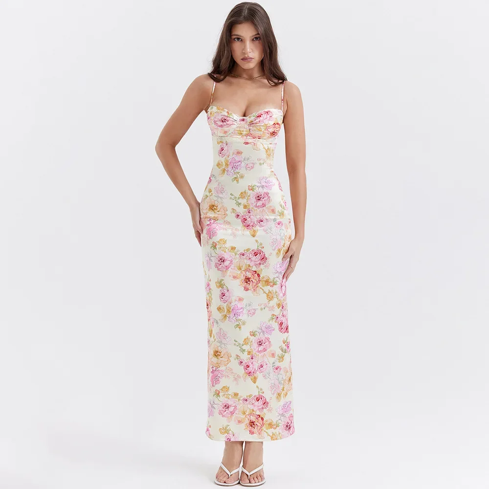 Mingmingxi Summer Spaghetti Strap Maxi Party Dresses Casual White Floral Print Slim Go Out Holiday Dress Cute New In Dress 2023