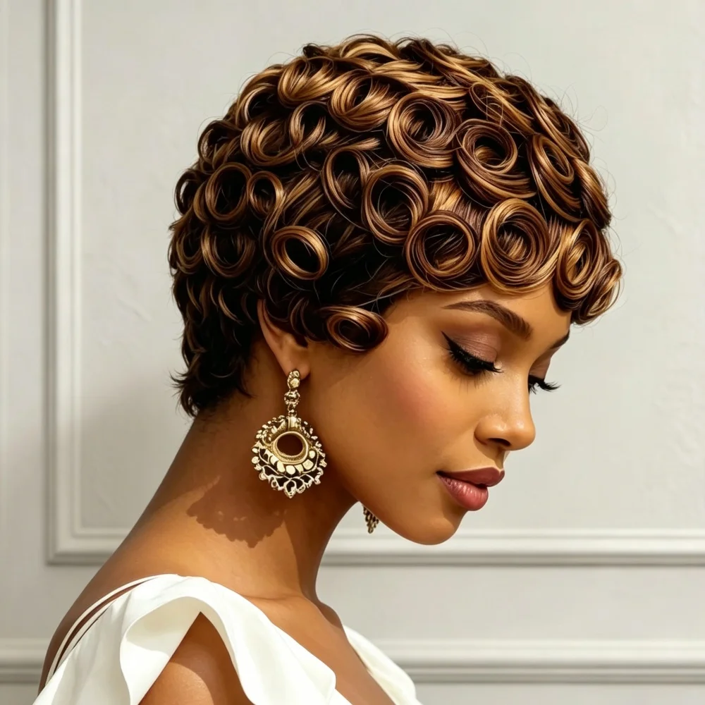 Ombre Brown Short Curly Human Hair Wig Loose Wave Pixie Wig Natural Looking Wig for Women Daily W full Machine Made Wig