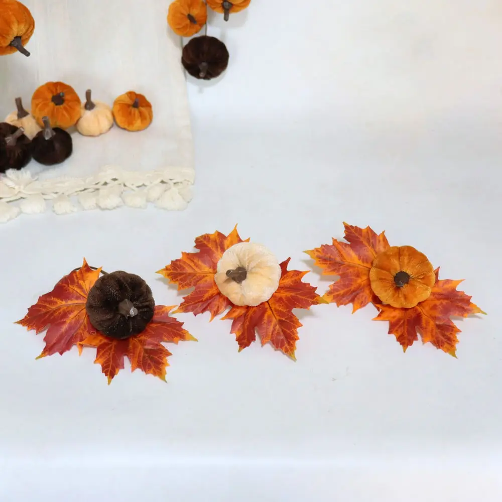 Velvet Pumpkin Napkin Rings Maple Leaf Table Decor For Wedding Party Banquet Dining Room Holiday Festive Ornament Setting