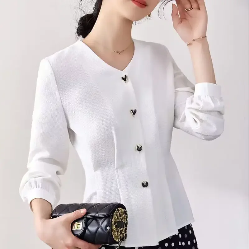 Camisa feminina monocromática com decote em v manga comprida para escritório, roupas de primavera e outono, elegante camisa de botão, casual, novo, 2023