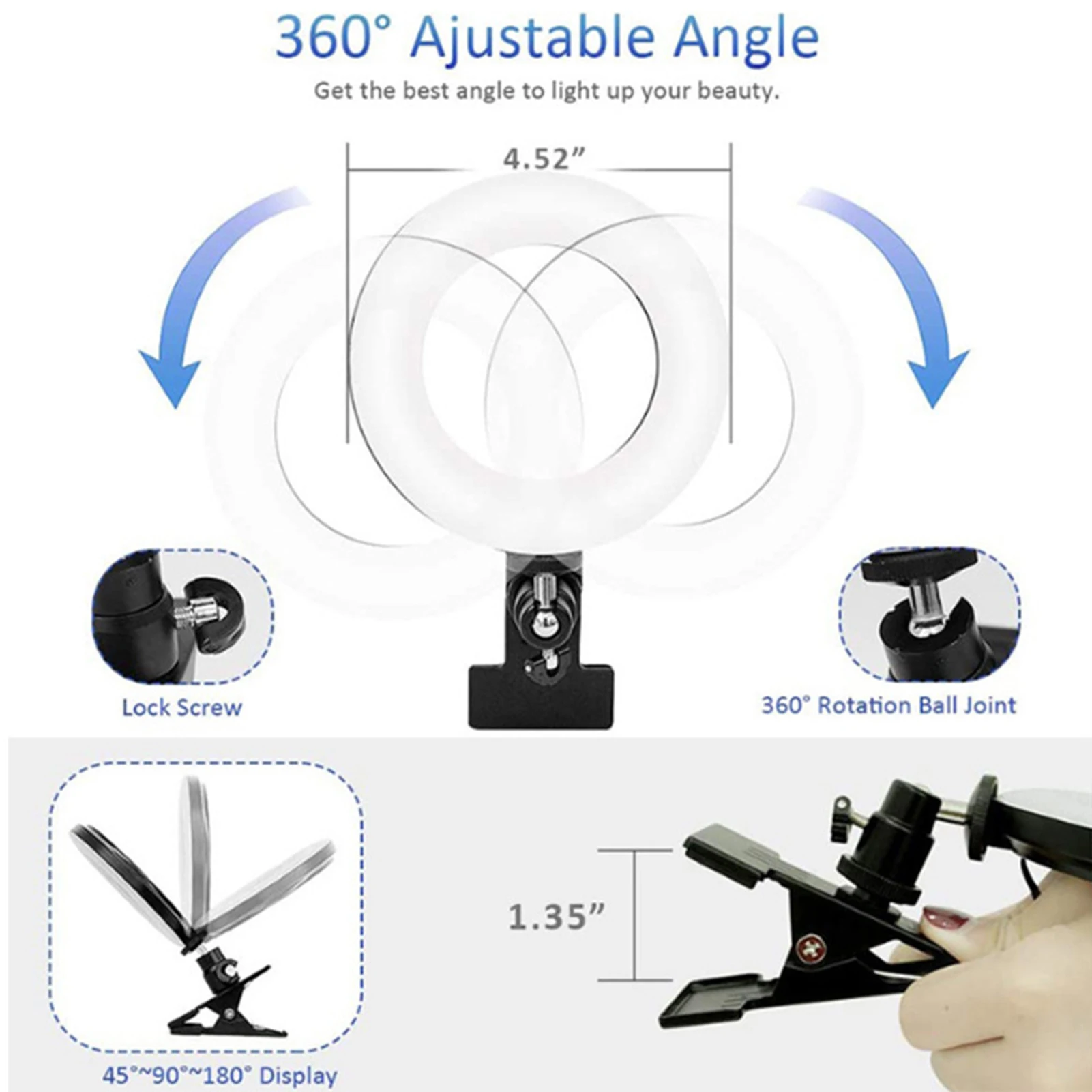 6inches LEDs Selfie  Light with Clamp USB Operated 3 Colors Temperature Changing/ 3 Levels Dimmable Brightness Adjustable