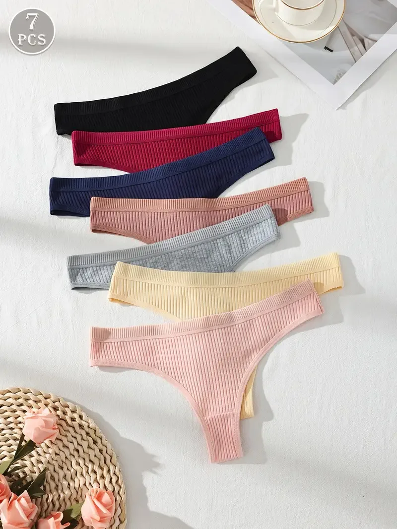 7PCS Women Thongs Panties Cotton Striped Underwear Sexy Intimates Female Lingerie Solid Color Comfort Panty Soft G-Strings XS-XL - Image 4