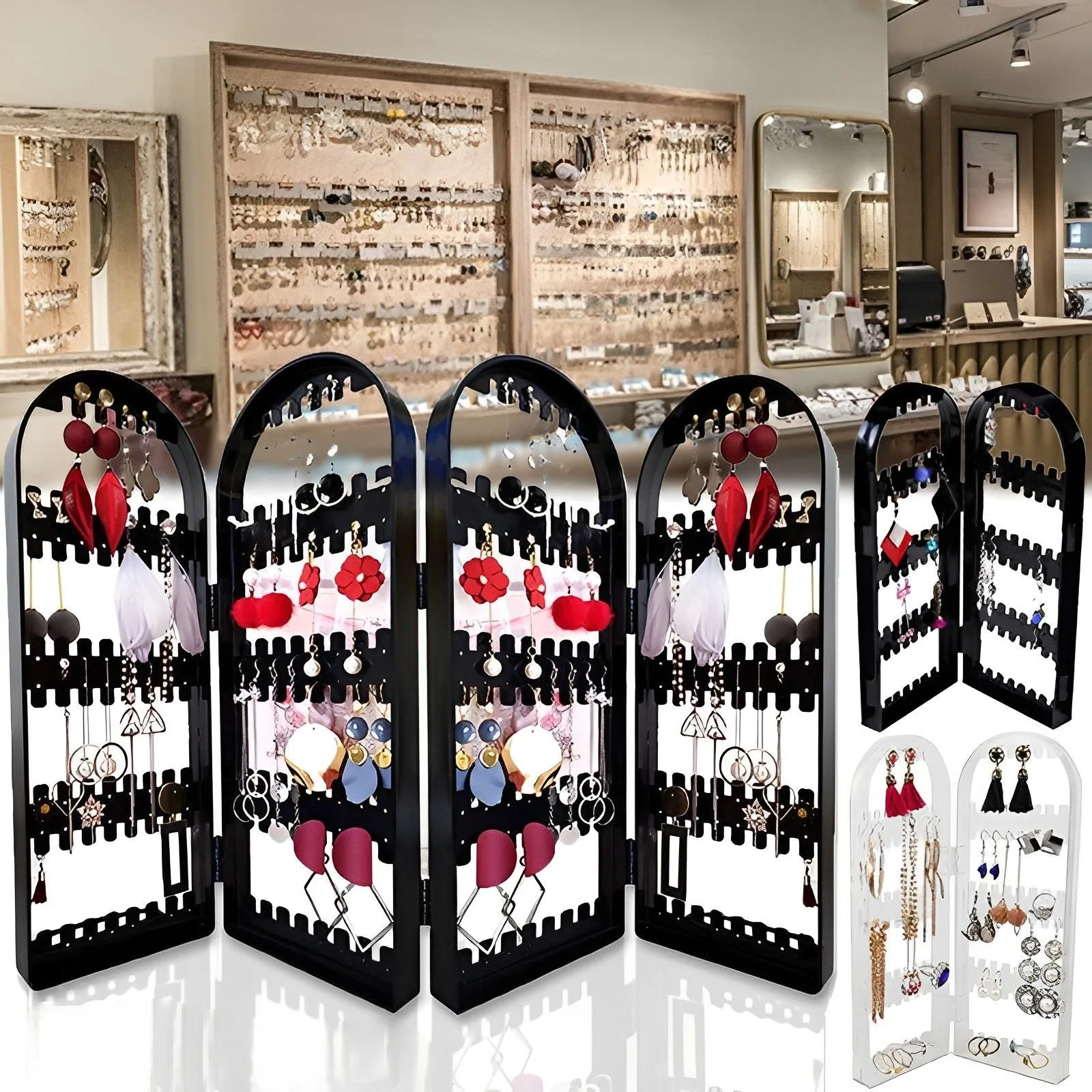 4 Doors Foldable Screen Clear Earrings Studs Display Rack Necklace Hanging Jewelry Shelf Stand Holder Organizer Storage Box