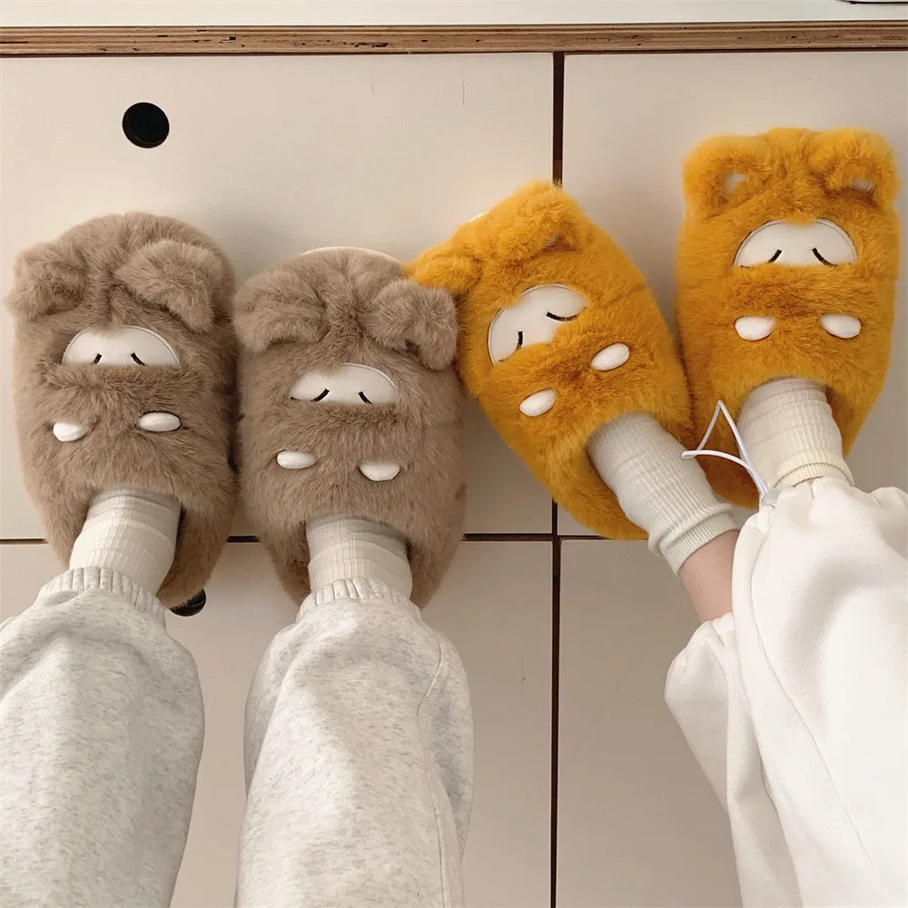 Cartoon cute plush bag head cotton slippers autumn and winter women's leisure home warm floor cotton shoes