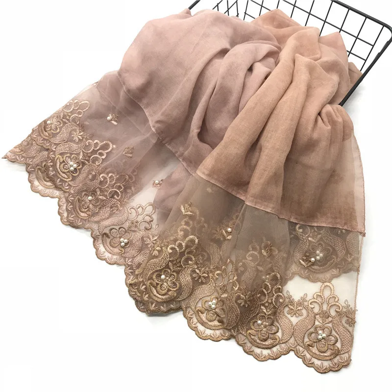 Cotton and Linen Solid Color Scarf Two-End Lace Pearl Toe Cap Scarf Silk Scarf Shawl