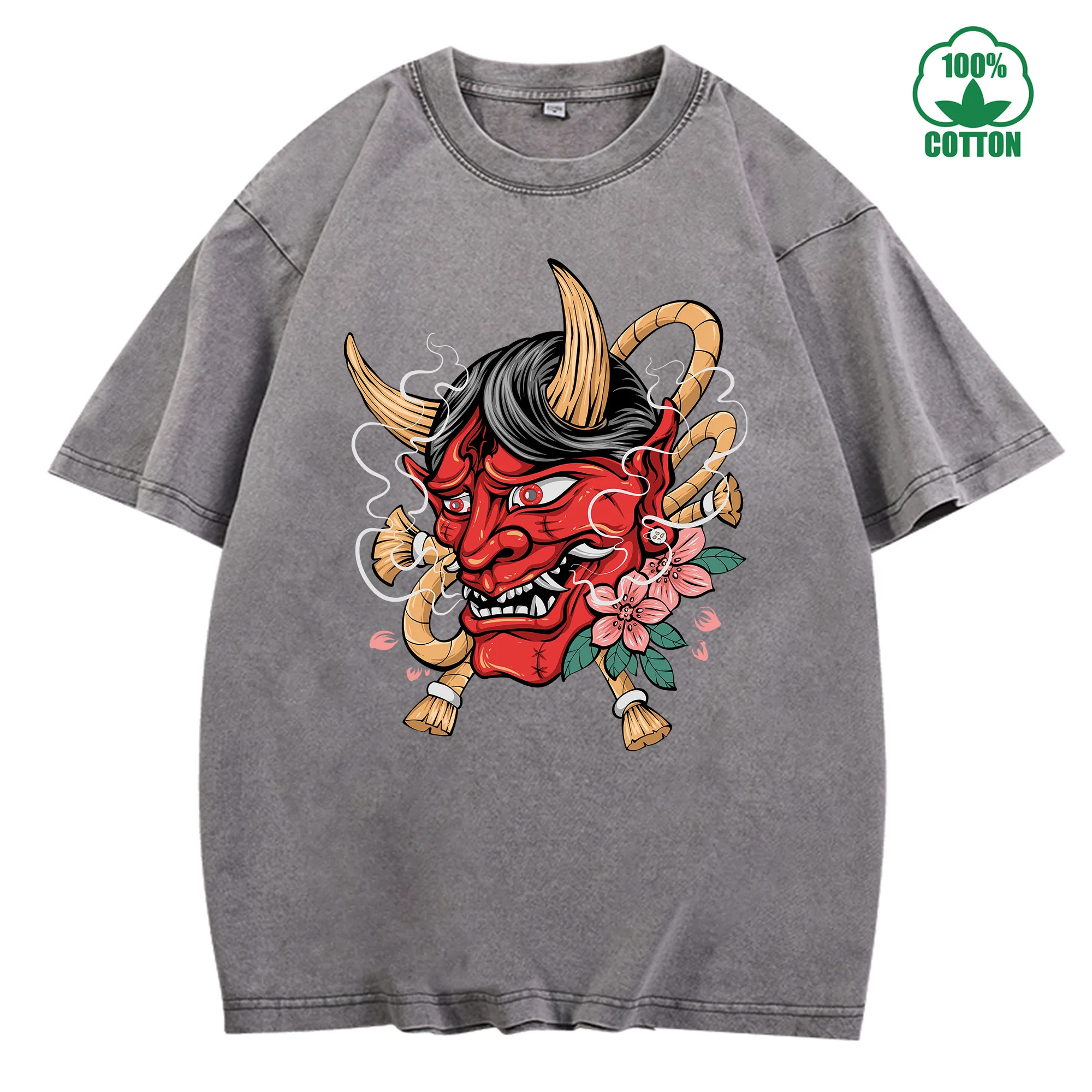 تي شيرت Demon Mask Vintage Washed 230 جرام 100% قطن مريح كبير الحجم ملابس الشارع للجنسين #3