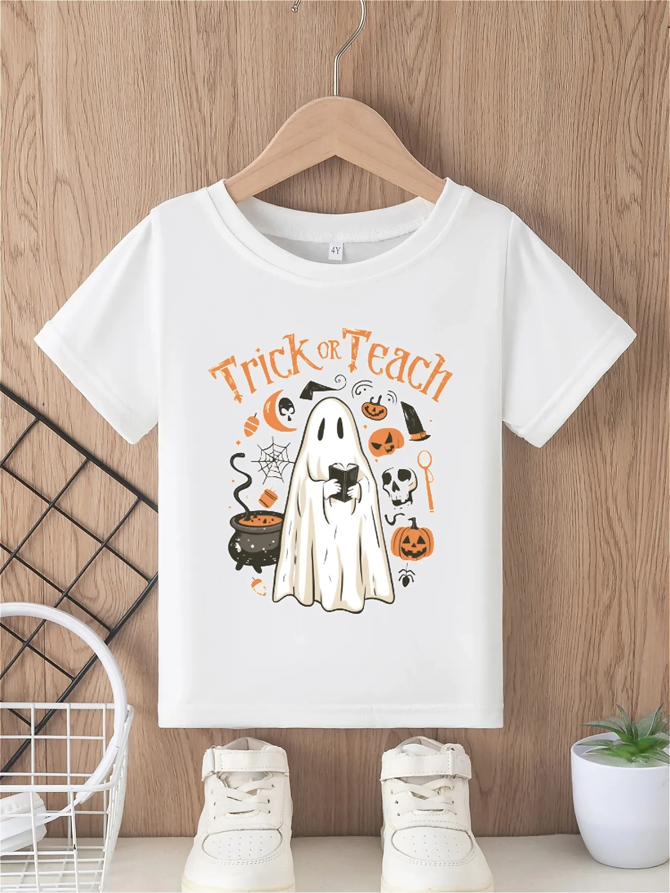 Halloween boys' T-shirt trick or treat letter print little ghost pattern print versatile breathable round neck short sleeved top