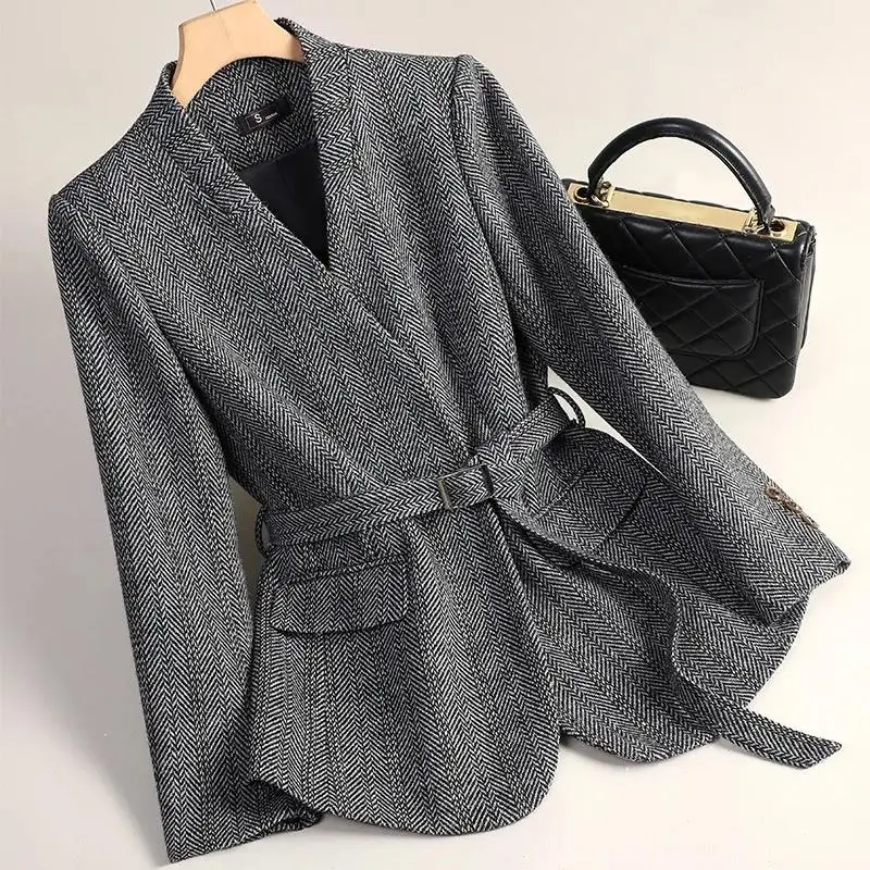 Small Fragrant Style Wool Woolen Blazer Suits Women Autumn Winter New Striped Thicken Coat And Pants Lady Office Blazers Sets