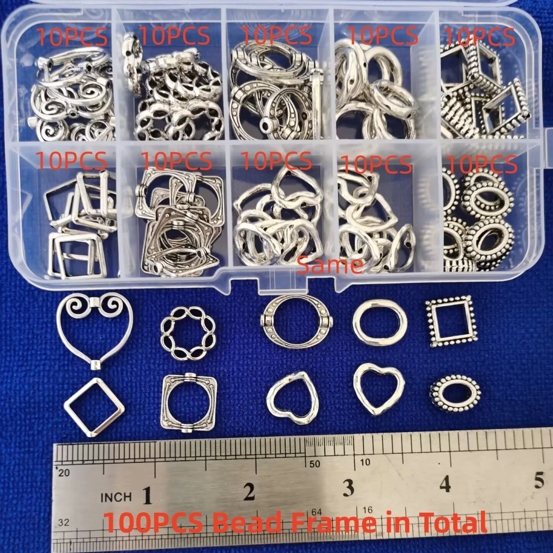 

100PCS Antiqued Silver Metal Bead Frames for Jewelry Making in Storage Box