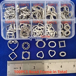 100PCS Antiqued Silver Metal Bead Frames for Jewelry Making in Storage Box