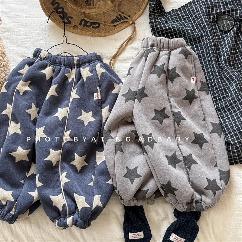 

2024 Winter New Children Fleece Trousers Boys Plus Velvet Thick Casual Pants Star Print Baby Girls Sweat Pants Kids Warm Pants