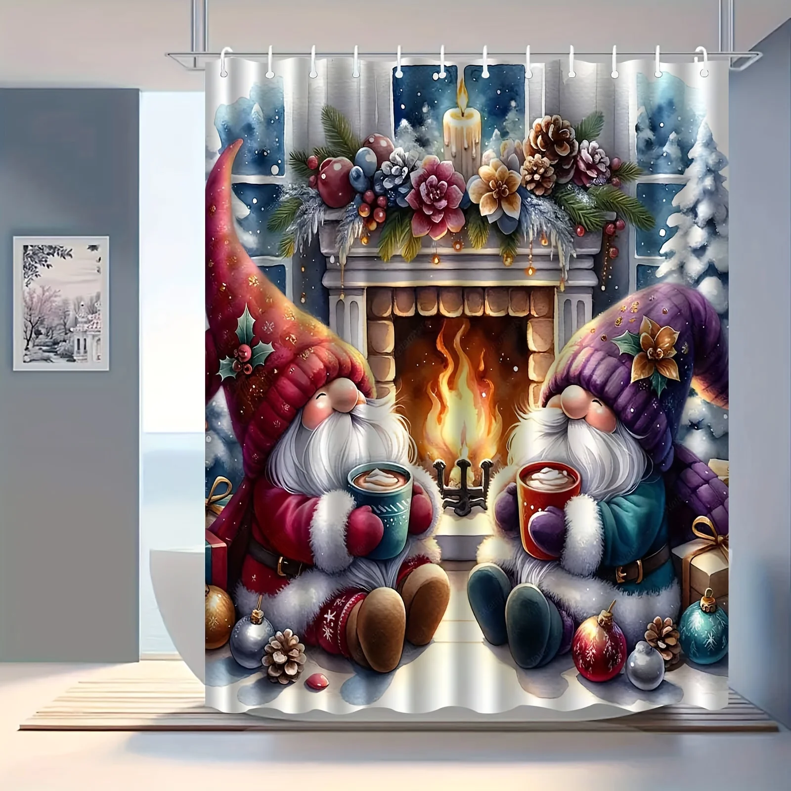 Christmas Gnome Fireplace Shower Curtain, Festive Winter Holiday Pattern Waterproof Bath Curtain, Cozy Xmas Bathroom Decor