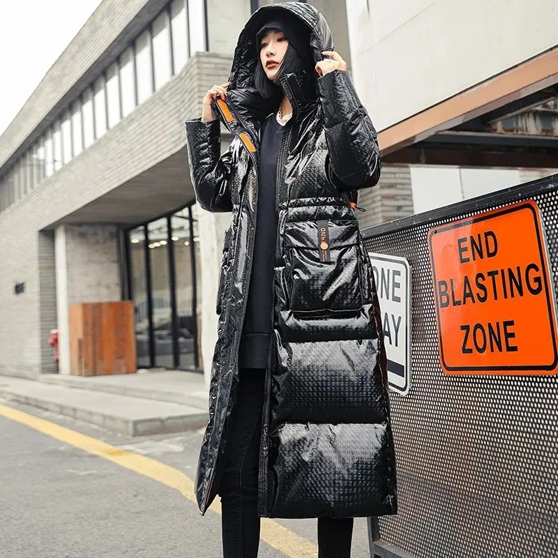 Parkas largas gruesas para mujer, abrigo de plumón de pato blanco brillante, chaqueta con capucha a prueba de viento y lluvia, abrigo largo, invierno, 2023