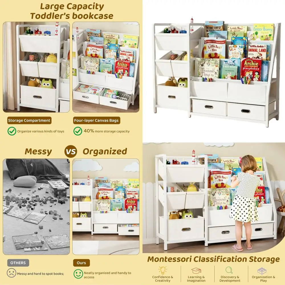 3 Tier Kids Bookshelf and Toy Storage - Sling Book Shelf with Toy Organizer, Montessori Toddler Bookcase with 6 Toy Bins, for Pl