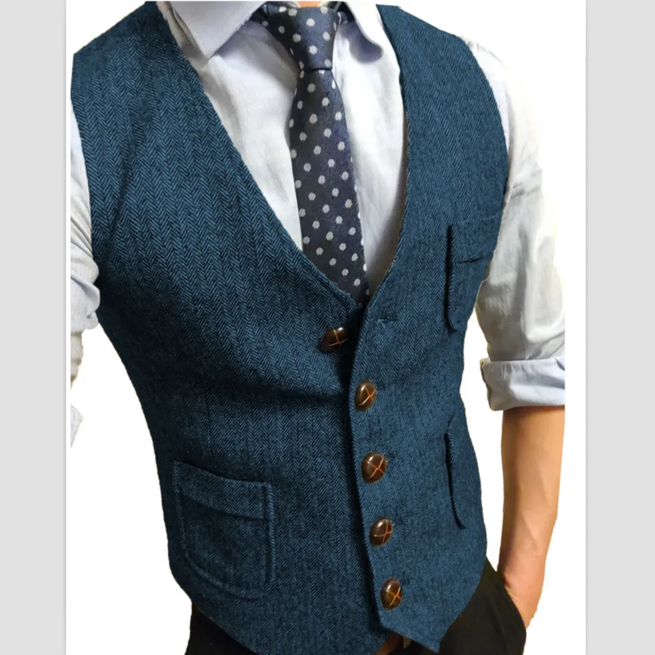 Plus Size Men's Suit Vest Wool Tweed Herringbone Pattern Seasonal Waistcoat Grooms Groomsman Uniform Work Commuting Wear