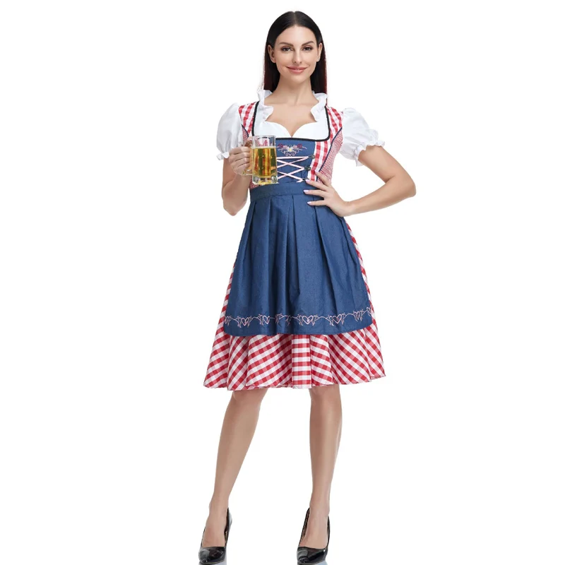 Lady Dirndl Oktoberfest Dress Women Costume  Cosplay Bavarian National Pink Plaid Clubwear Halloween Carnival Fancy Dress Party