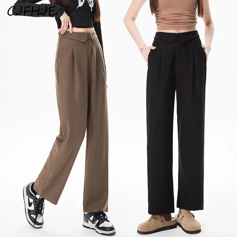 CJFHJE Lente Koreaanse Mode Omgedraaid Casual vrouwen Pak Broek Nieuwe Effen Kleur Veelzijdige Rechte Pijpen Vrouwen Losse Wijde Pijpen broek