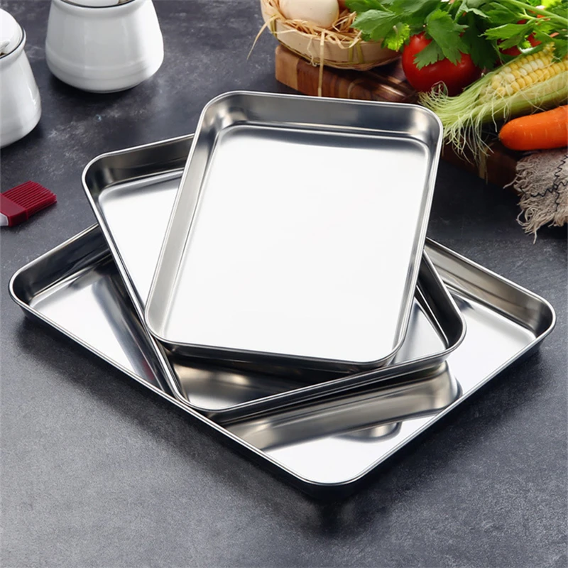 Stainless Steel Food Storage Trays Rectangle Steamed Sausage Fruit Pans Water Bread Kitchen Baking Shallow Dish Serving Plate