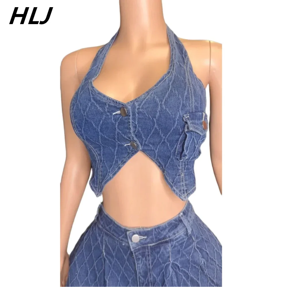 HLJ Sexy Denim Mini Skirts Shorts Two Piece Sets For Women Halter Crop Tops And Pleated Skirt Outfits  Female Cowboy Clothing