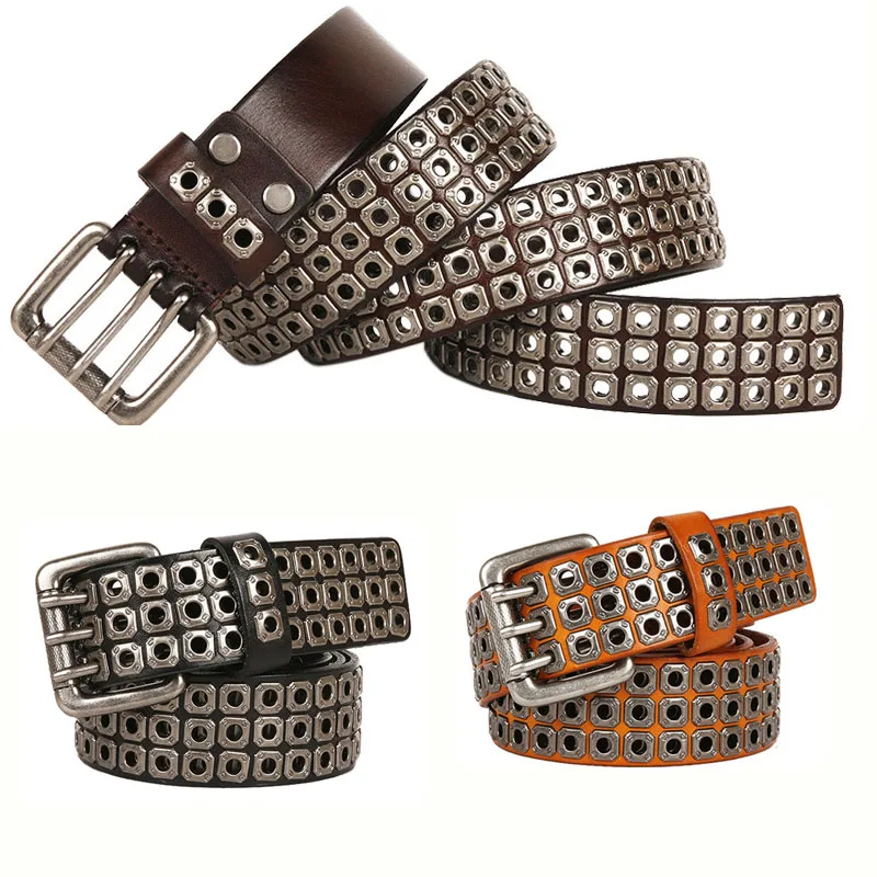 

Cool Genuine Leather Punk Full Rivet Metal Belt For Western Women Men Luxury Hip Hop Rivet Punk Cowgirl Cowboy Belts