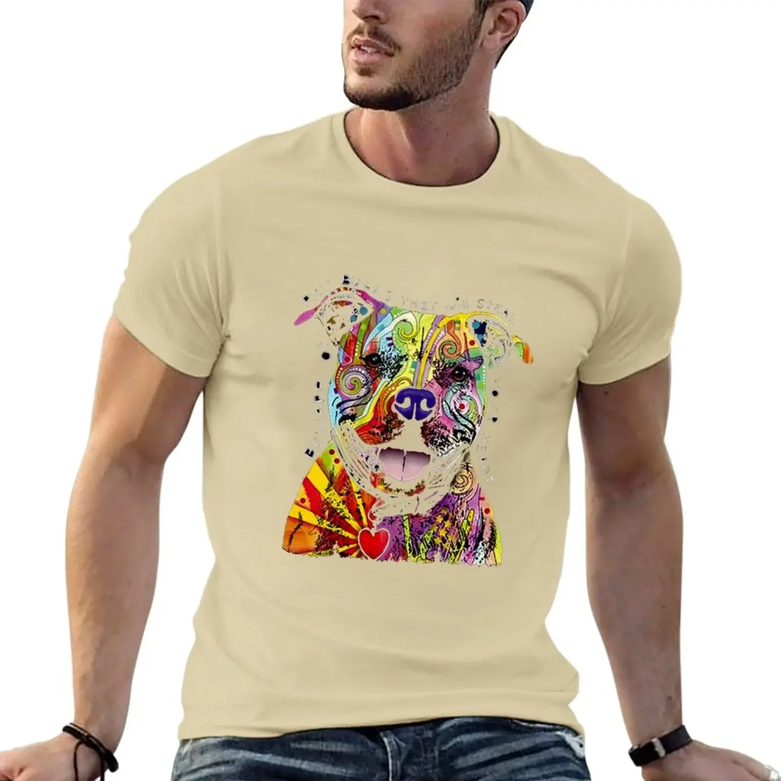 الجمارك الرجالية تصميم تي شيرت الرسم الخاص بك ، حذار مضحك من الثيران حفرة ، دين روسو ، كلب الكلاب ، ملابس مصمم القطن
